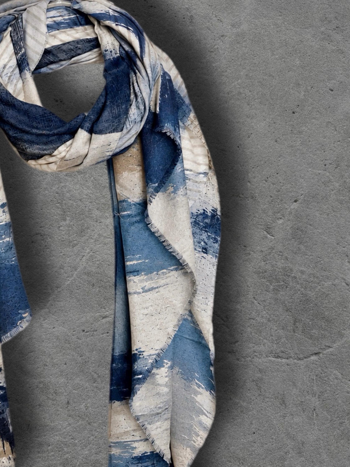 Navy Blue Abstract Scarf, Powder Blue Cream Brushstroke Wrap, Cotton Viscose Artistic Shawl, Contemporary Women’s Autumn Accessory