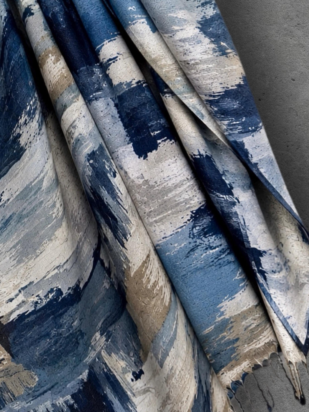 Navy Blue Abstract Scarf, Powder Blue Cream Brushstroke Wrap, Cotton Viscose Artistic Shawl, Contemporary Women’s Autumn Accessory
