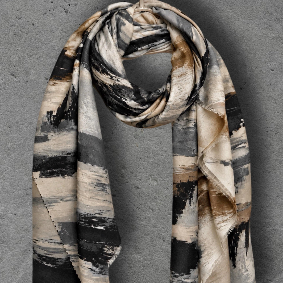 Black Camel Brushstroke Scarf, Cream Grey Abstract Wrap, Ultra Soft Cotton Viscose Shawl, Neutral Artistic Autumn Scarf, Gifts for Her