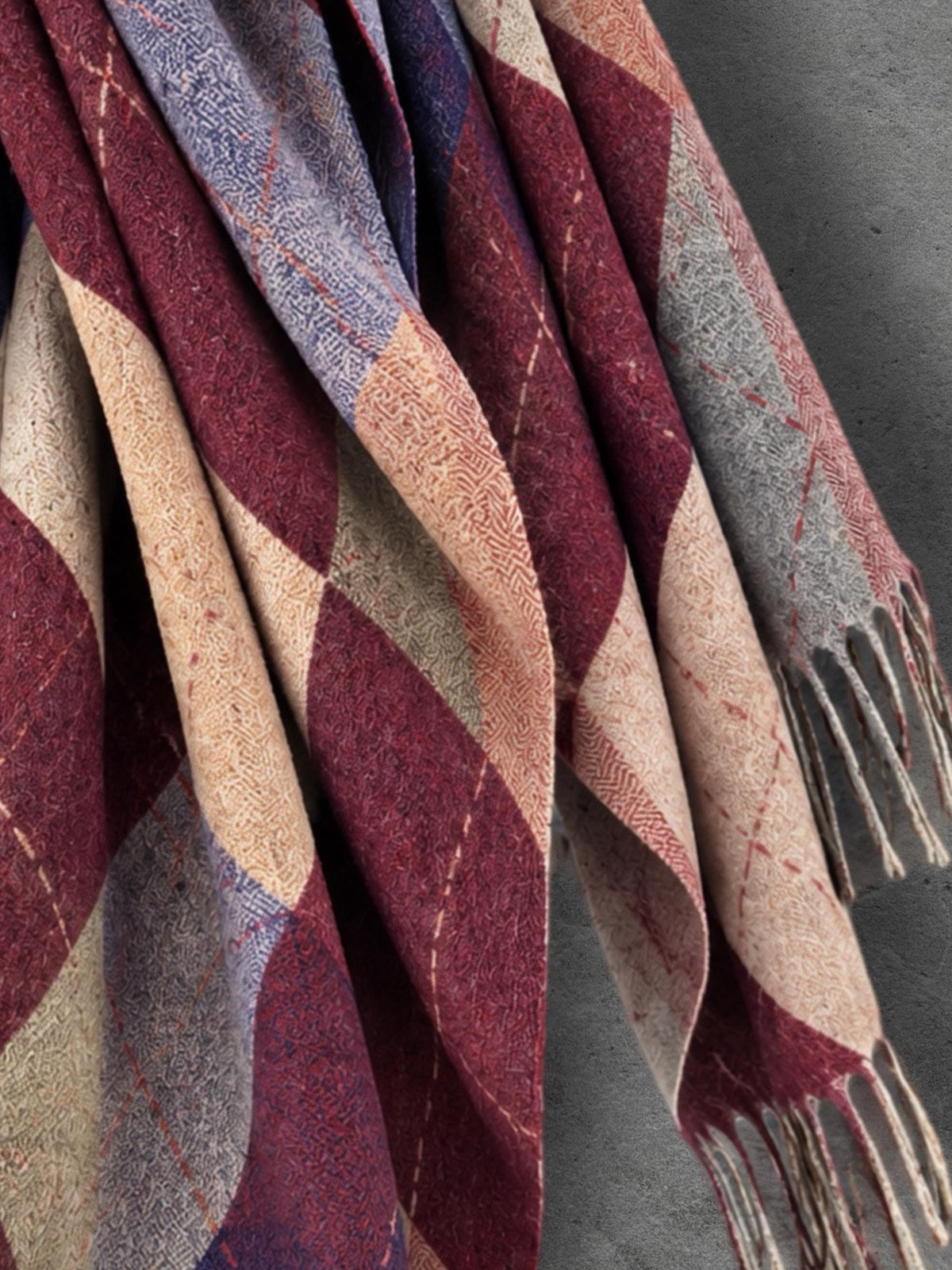 Burgundy Argyle Reversible Winter Scarf, Wine Navy Diamond Wrap, Soft Warm Fringe Shawl, Unisex Autumn Accessory