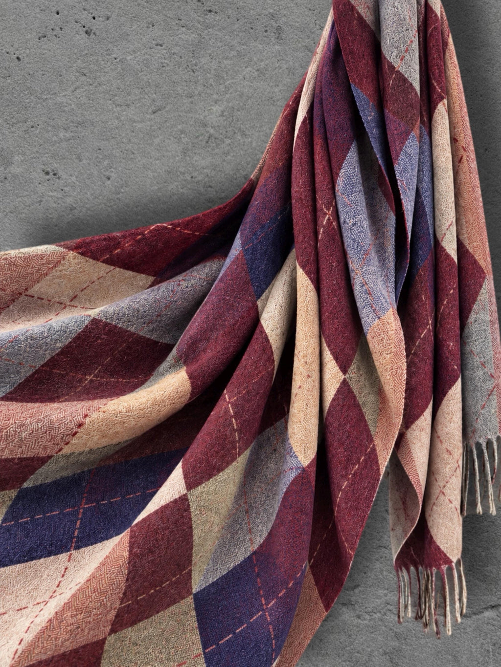 Burgundy Argyle Reversible Winter Scarf, Wine Navy Diamond Wrap, Soft Warm Fringe Shawl, Unisex Autumn Accessory