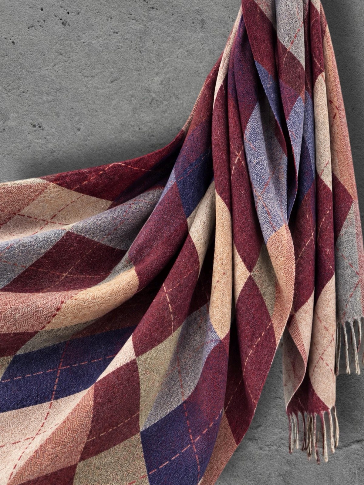 Burgundy Argyle Reversible Winter Scarf, Wine Navy Diamond Wrap, Soft Warm Fringe Shawl, Unisex Autumn Accessory