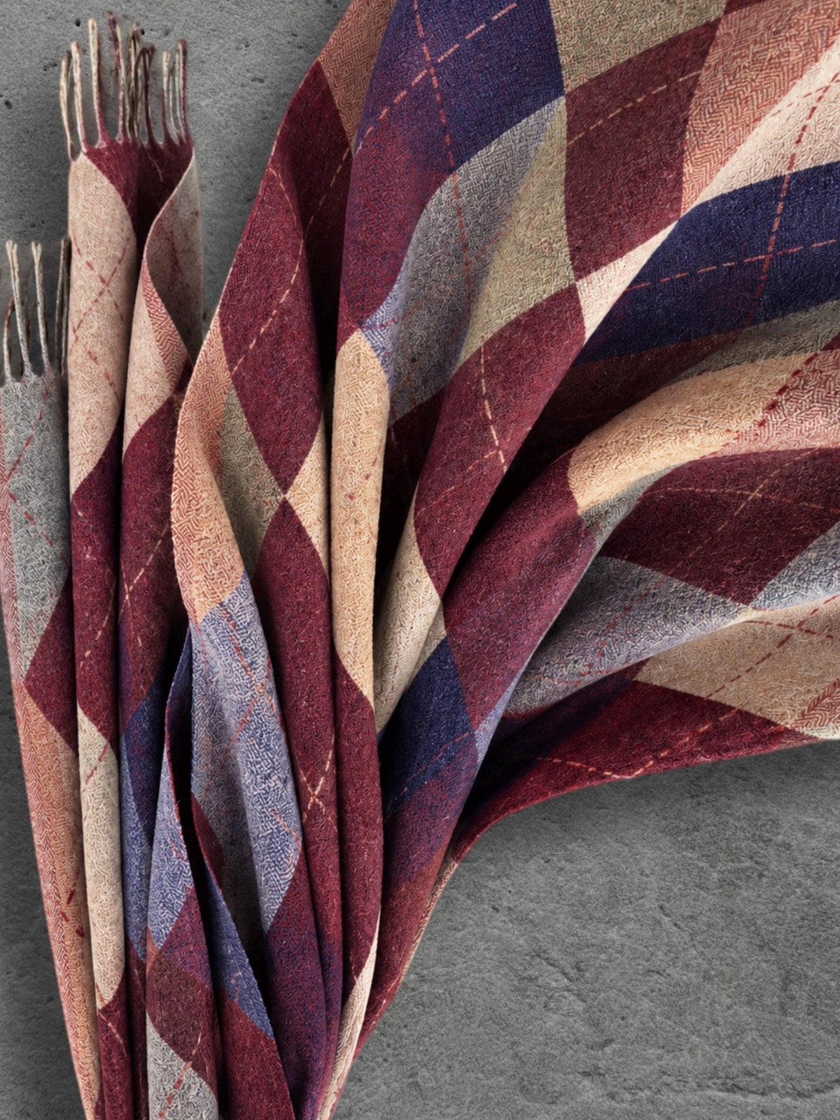 Burgundy Argyle Reversible Winter Scarf, Wine Navy Diamond Wrap, Soft Warm Fringe Shawl, Unisex Autumn Accessory