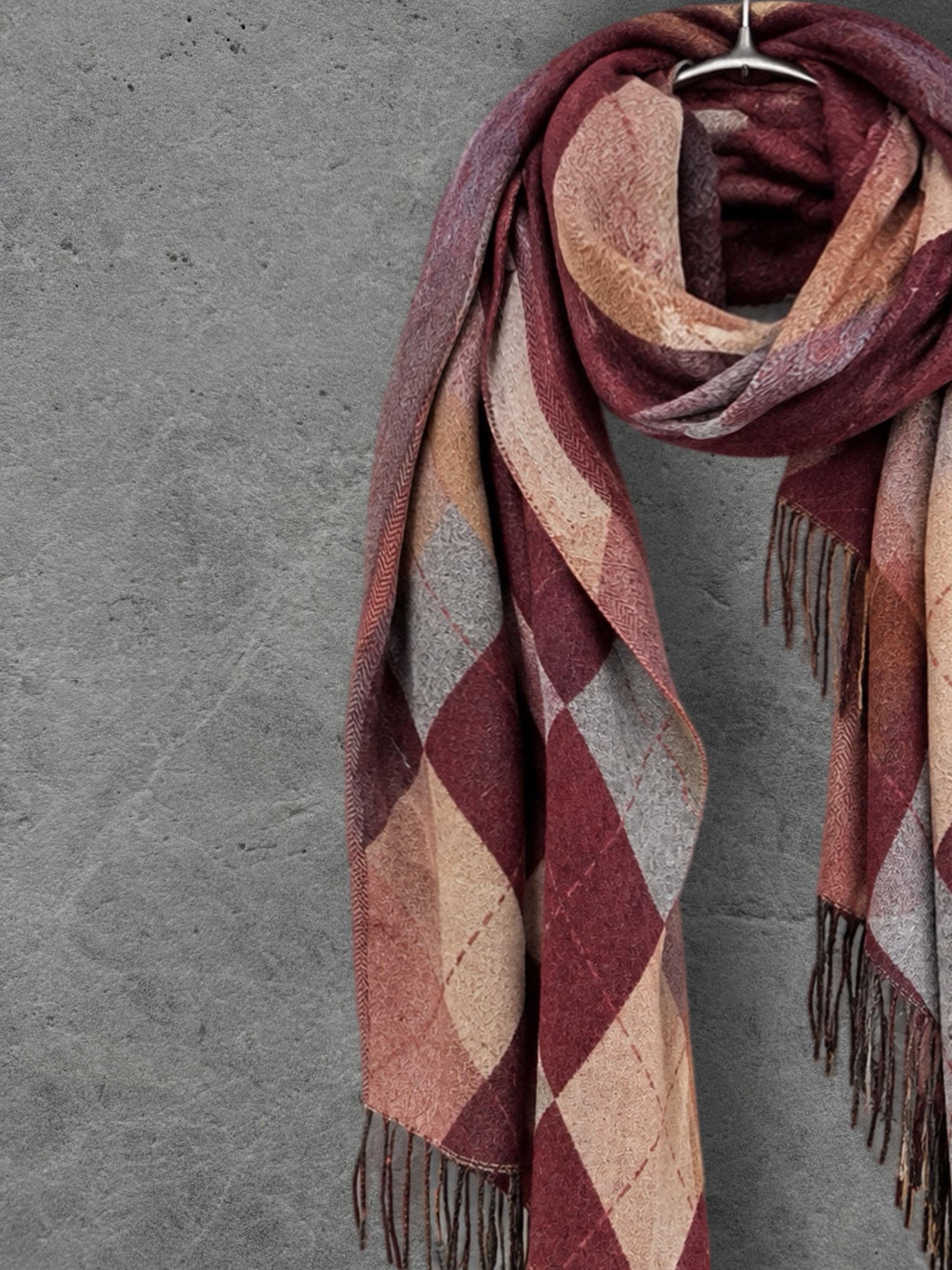 Burgundy Argyle Reversible Winter Scarf, Wine Navy Diamond Wrap, Soft Warm Fringe Shawl, Unisex Autumn Accessory