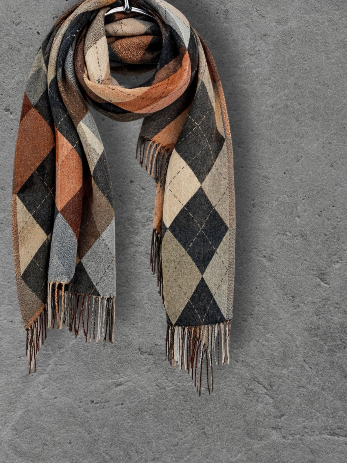 Black Argyle Reversible Winter Scarf, Camel Grey Diamond Wrap for Women, Ultra Soft Warm Shawl, Gifts for Him Her