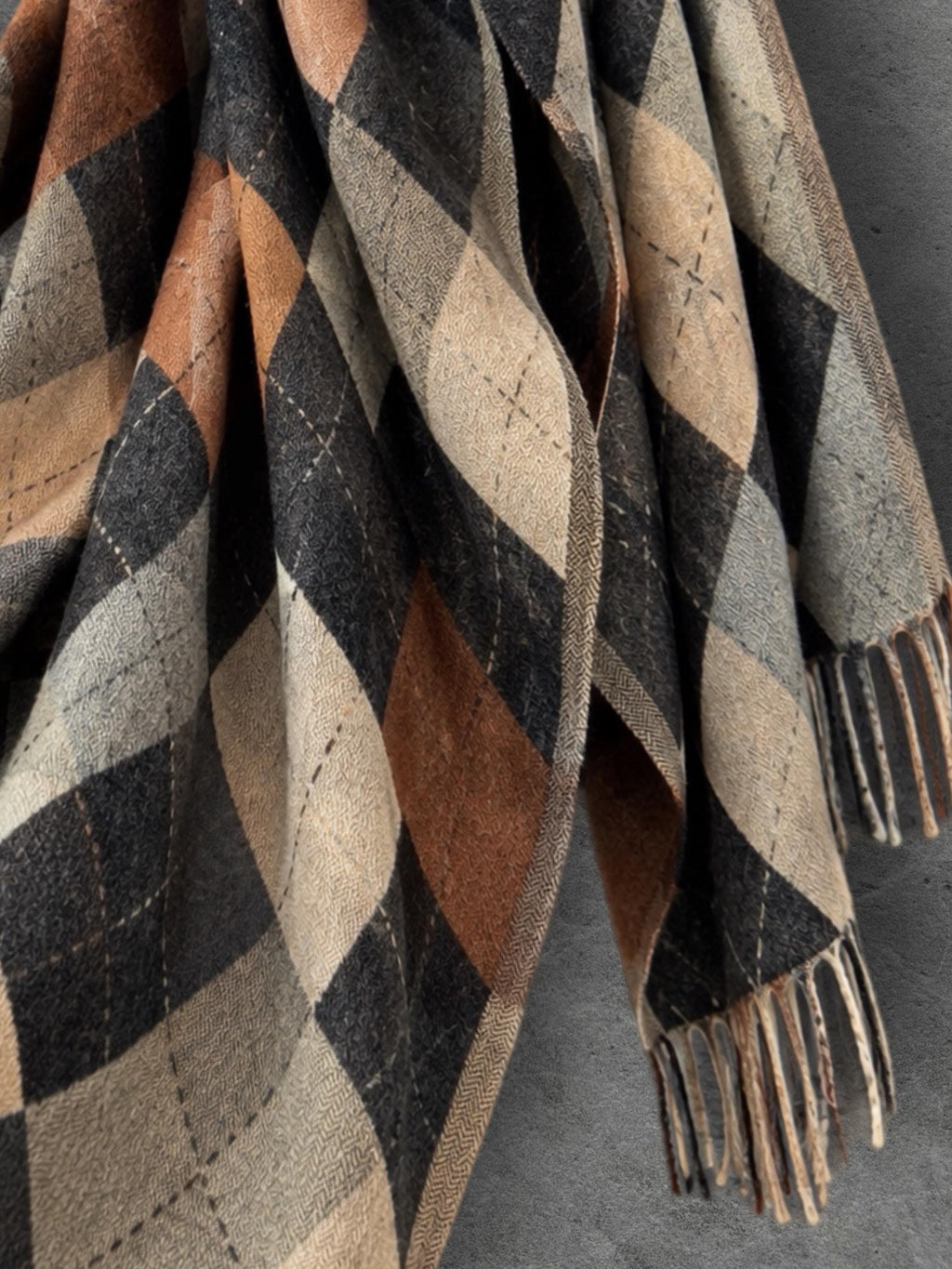 Black Argyle Reversible Winter Scarf, Camel Grey Diamond Wrap for Women, Ultra Soft Warm Shawl, Gifts for Him Her