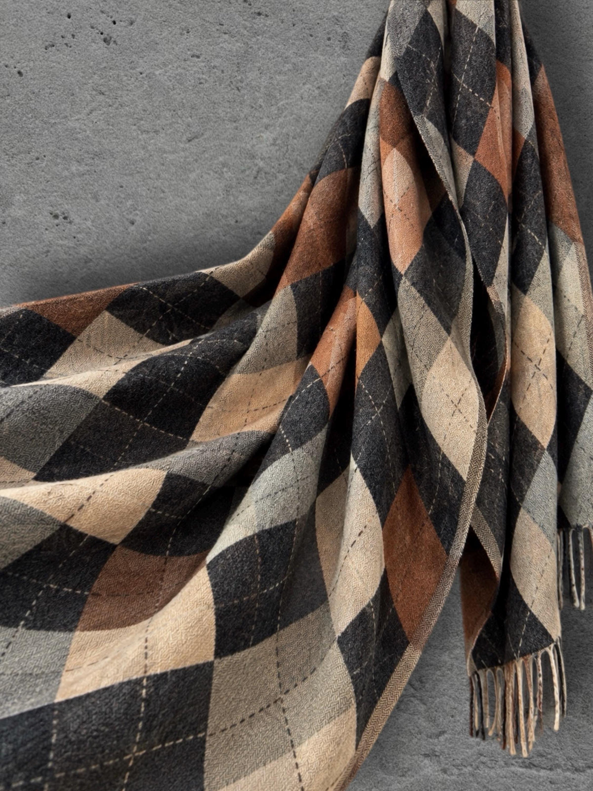 Black Argyle Reversible Winter Scarf, Camel Grey Diamond Wrap for Women, Ultra Soft Warm Shawl, Gifts for Him Her