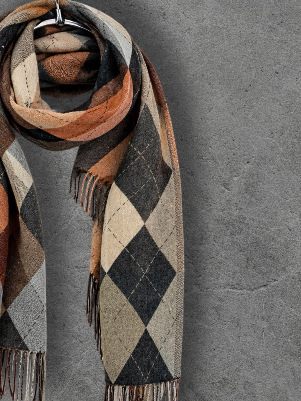 Black Argyle Reversible Winter Scarf, Camel Grey Diamond Wrap for Women, Ultra Soft Warm Shawl, Gifts for Him Her
