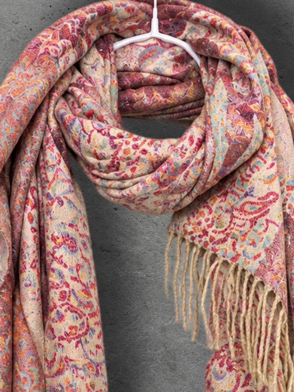 Blush Cream Antique Floral Weave Reversible Winter Scarf, Double Sided Soft Botanical Wrap, Women’s Bohemian Shawl