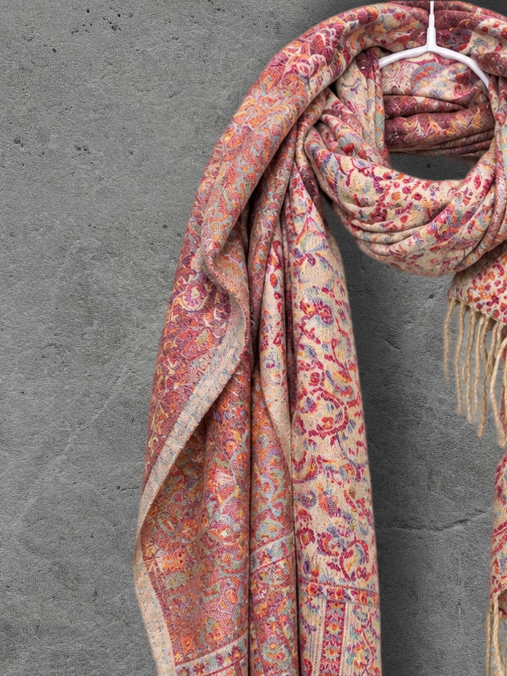 Blush Cream Antique Floral Weave Reversible Winter Scarf, Double Sided Soft Botanical Wrap, Women’s Bohemian Shawl