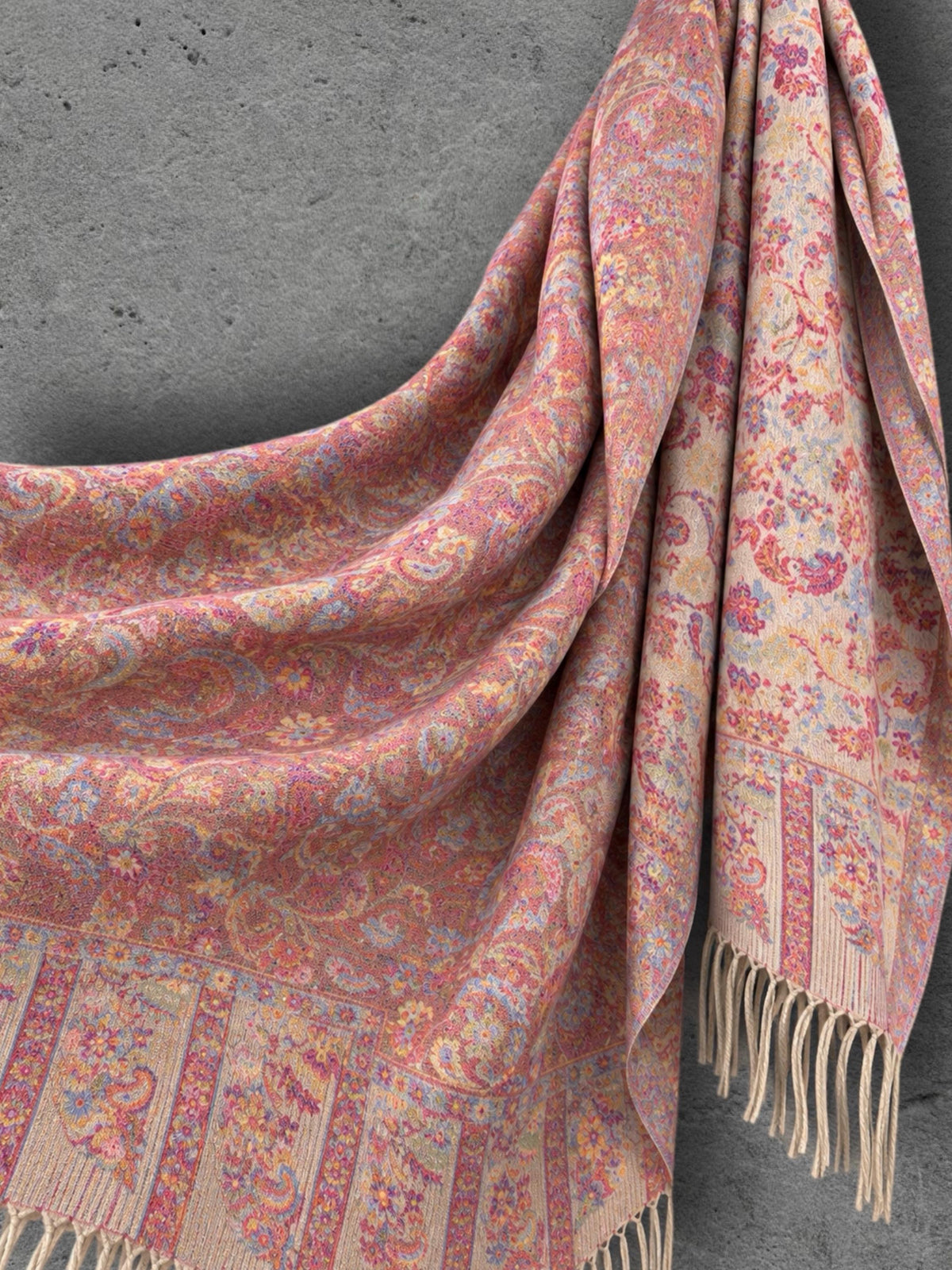 Blush Cream Antique Floral Weave Reversible Winter Scarf, Double Sided Soft Botanical Wrap, Women’s Bohemian Shawl