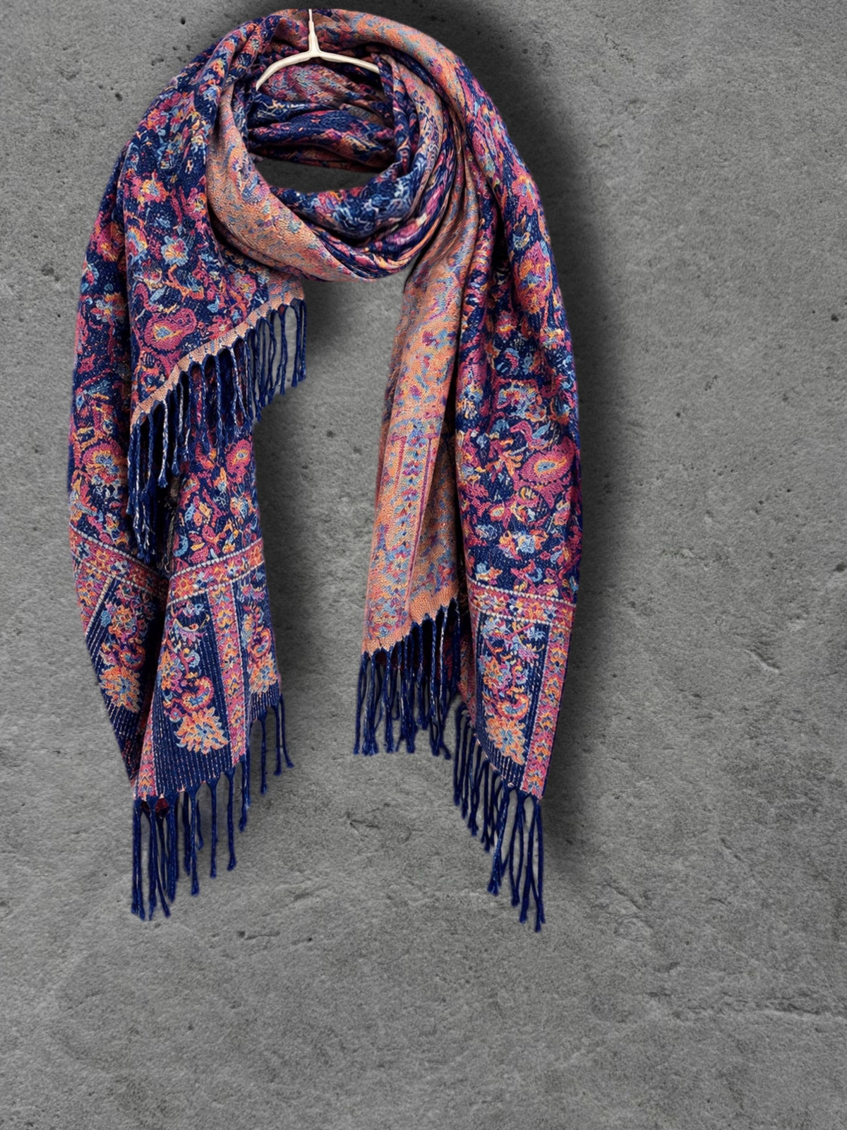 Navy Blue Bohemian Botanical Reversible Winter Scarf, Double Sided Floral Wrap, Soft Women’s Autumn Neck Shawl