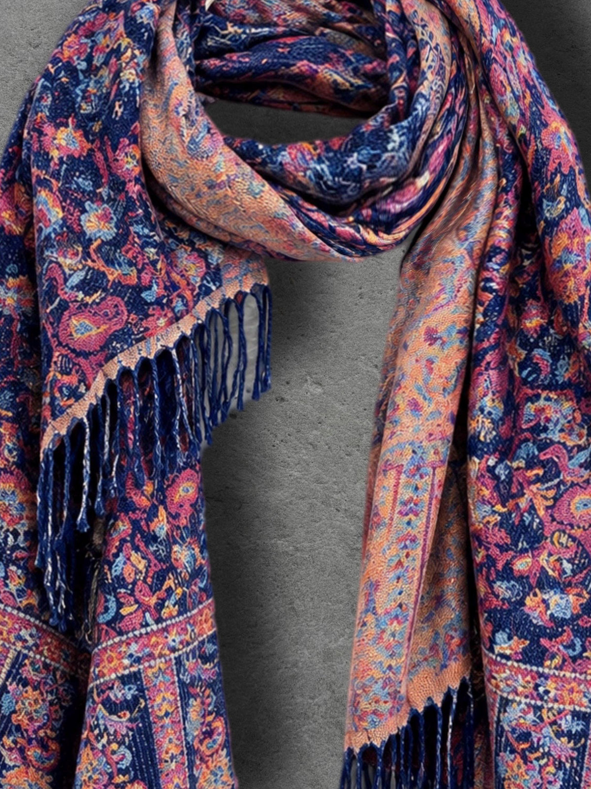 Navy Blue Bohemian Botanical Reversible Winter Scarf, Double Sided Floral Wrap, Soft Women’s Autumn Neck Shawl