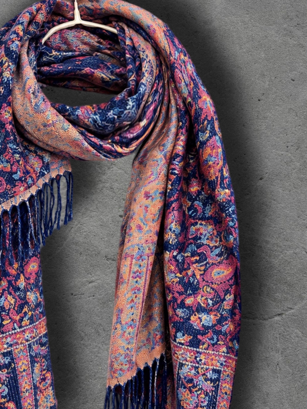 Navy Blue Bohemian Botanical Reversible Winter Scarf, Double Sided Floral Wrap, Soft Women’s Autumn Neck Shawl