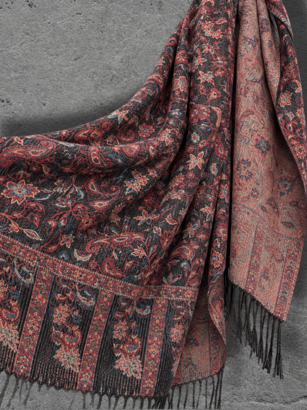 Black Rust Dark Heritage Floral Reversible Winter Scarf, Double Sided Tapestry Shawl, Soft Boho Women’s Neck Wrap