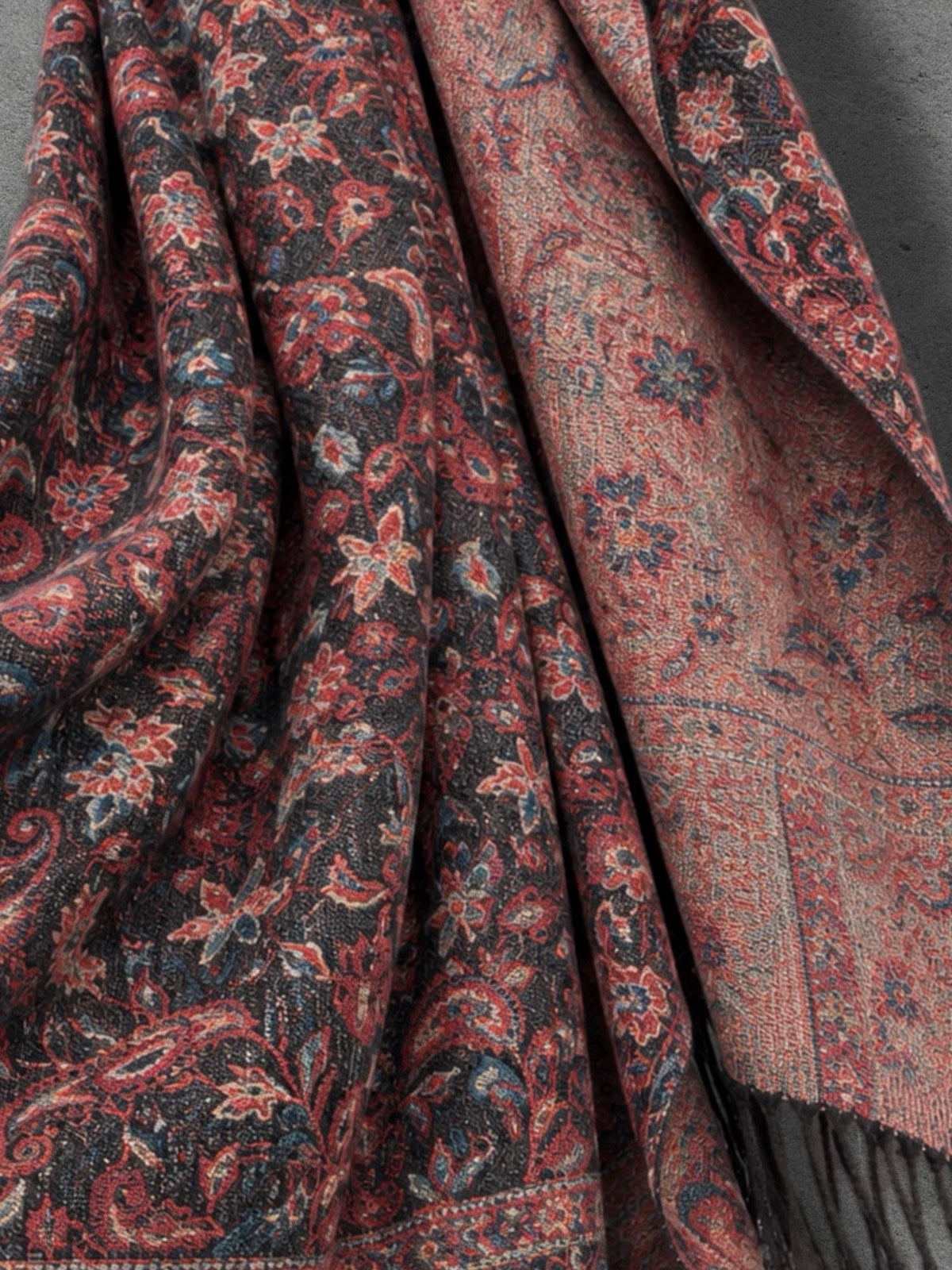 Black Rust Dark Heritage Floral Reversible Winter Scarf, Double Sided Tapestry Shawl, Soft Boho Women’s Neck Wrap
