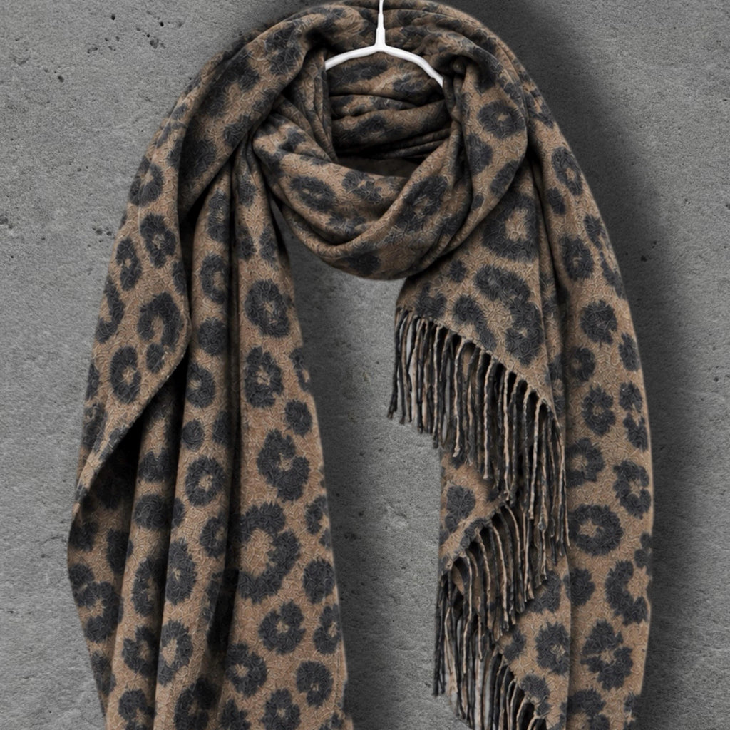 Camel Leopard Winter Scarf, Black Animal Print Neck Wrap, Bold Soft Shawl, Warm Bohemian Accessory, Stylish Women’s Gift