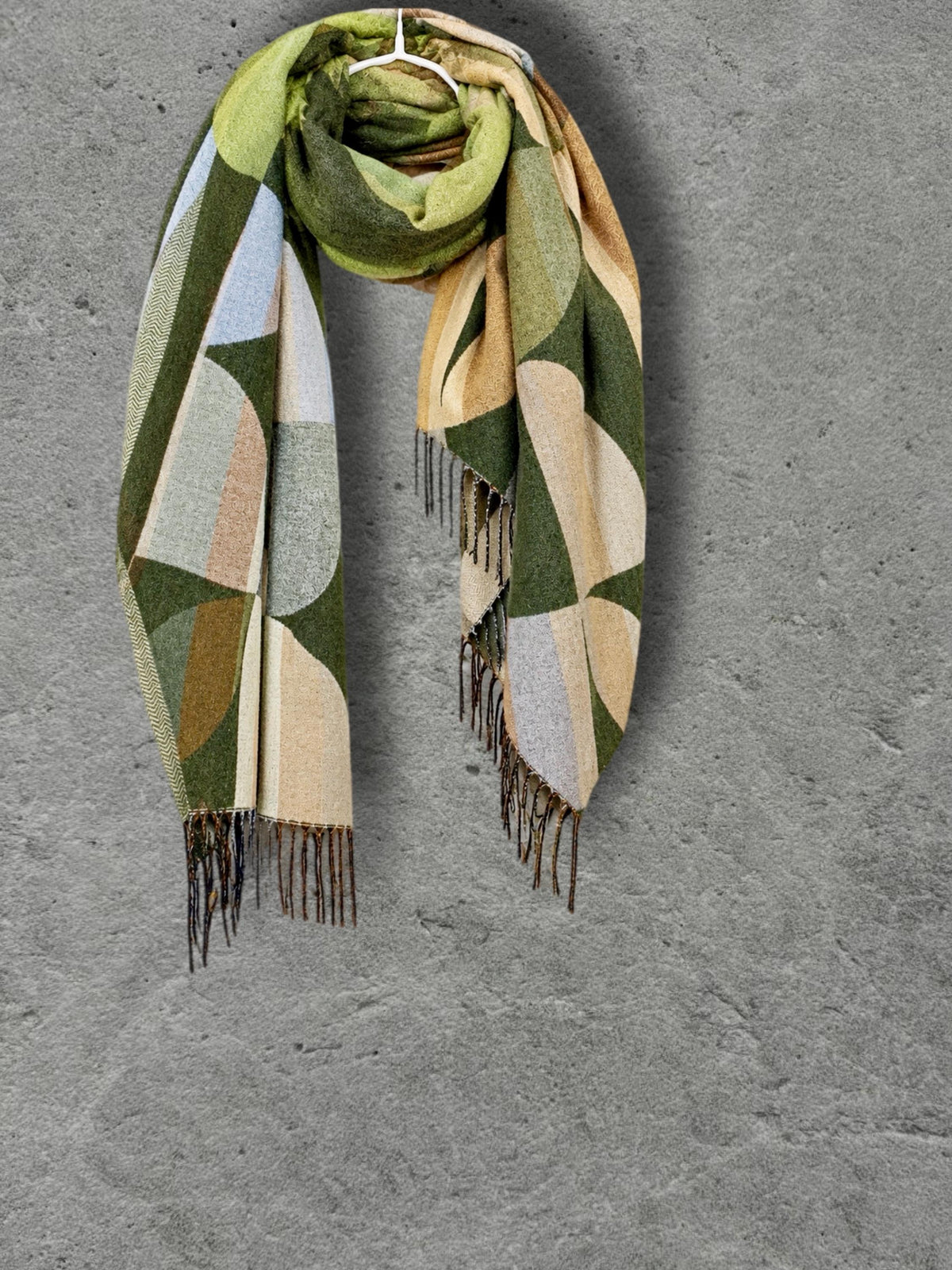 Olive Green Retro Geometric Winter Scarf, Mid Century Abstract Shapes Wrap, Moss Women Neckwear, Modern Colour Block Accessory
