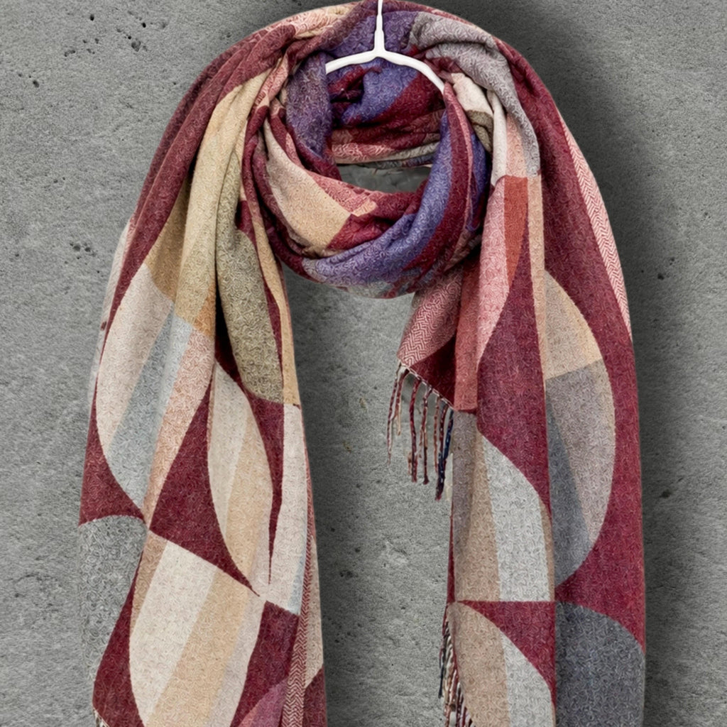 Burgundy Crimson Circular Pattern Winter Scarf, Artistic Winter Wrap, Ultra Soft Women Wrap, Cozy Gifts for Her