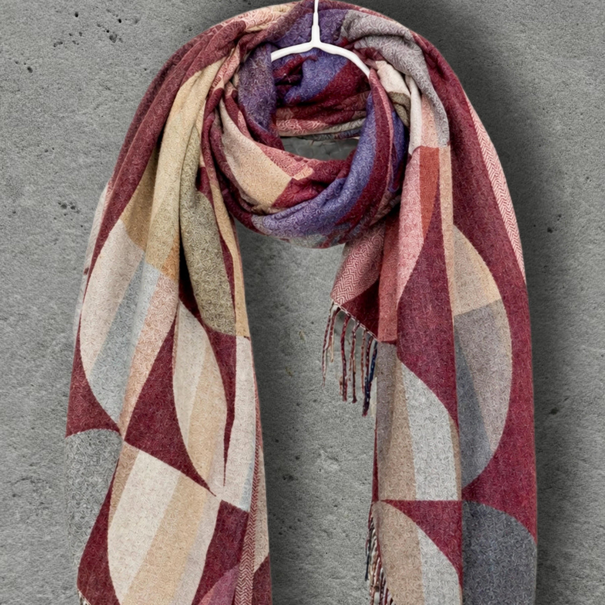 Burgundy Crimson Circular Pattern Winter Scarf, Artistic Winter Wrap, Ultra Soft Women Wrap, Cozy Gifts for Her