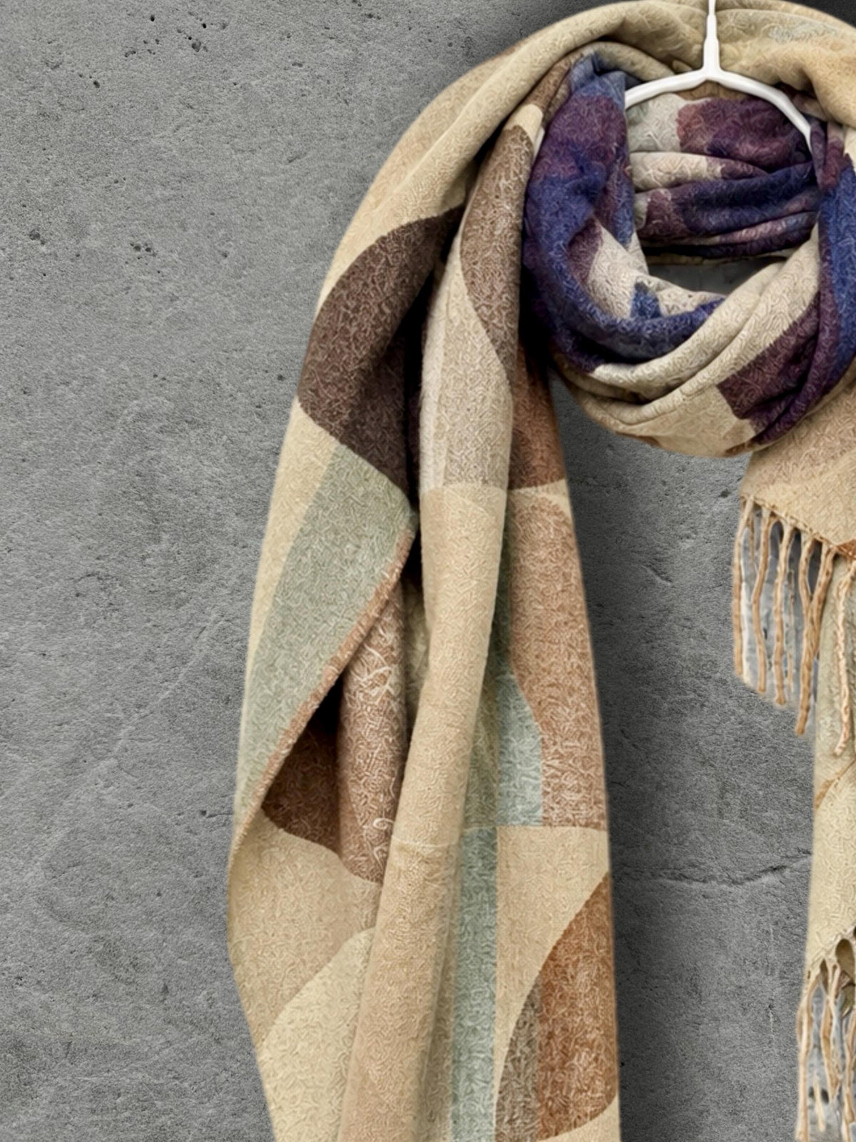 Beige Blue Retro Modernist Winter Scarf, Arc Mosaic Design Wrap, Cozy Shawl for Women, Thoughtful Gifts for Her