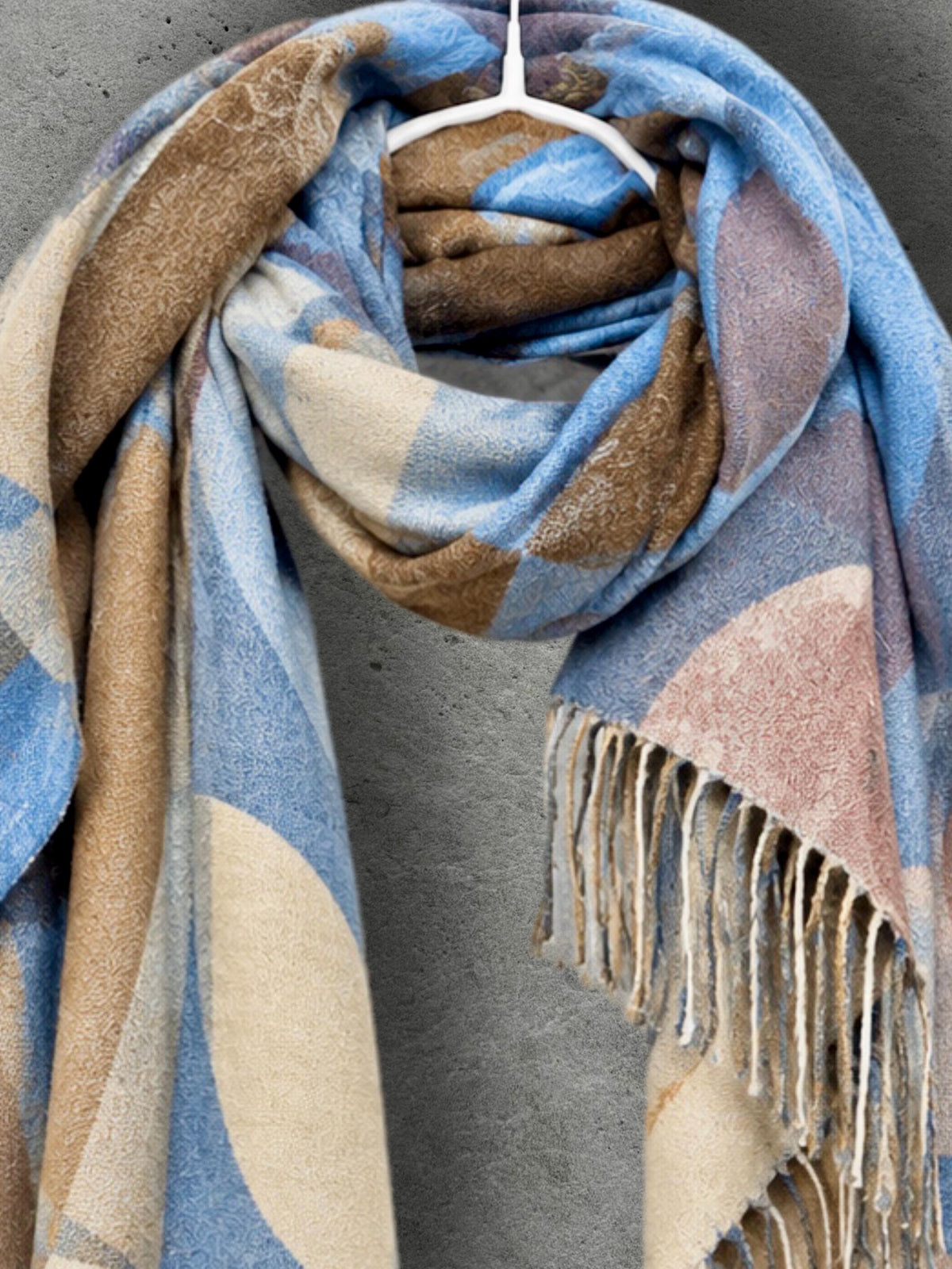 Light Blue Nordic Curved Blocks Pattern Winter Scarf, Reversible Warm Wrap for Women, Ultra Soft Cozy Shawl, Thoughtful Gifts for Her