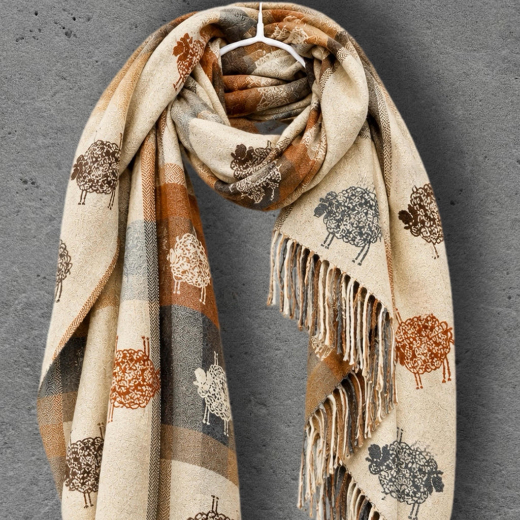 Cream Sheep Reversible Winter Scarf, Rustic Farm Animal Print, Checked Warm Wrap, Soft Autumn Accessory, Cosy Gift for Her