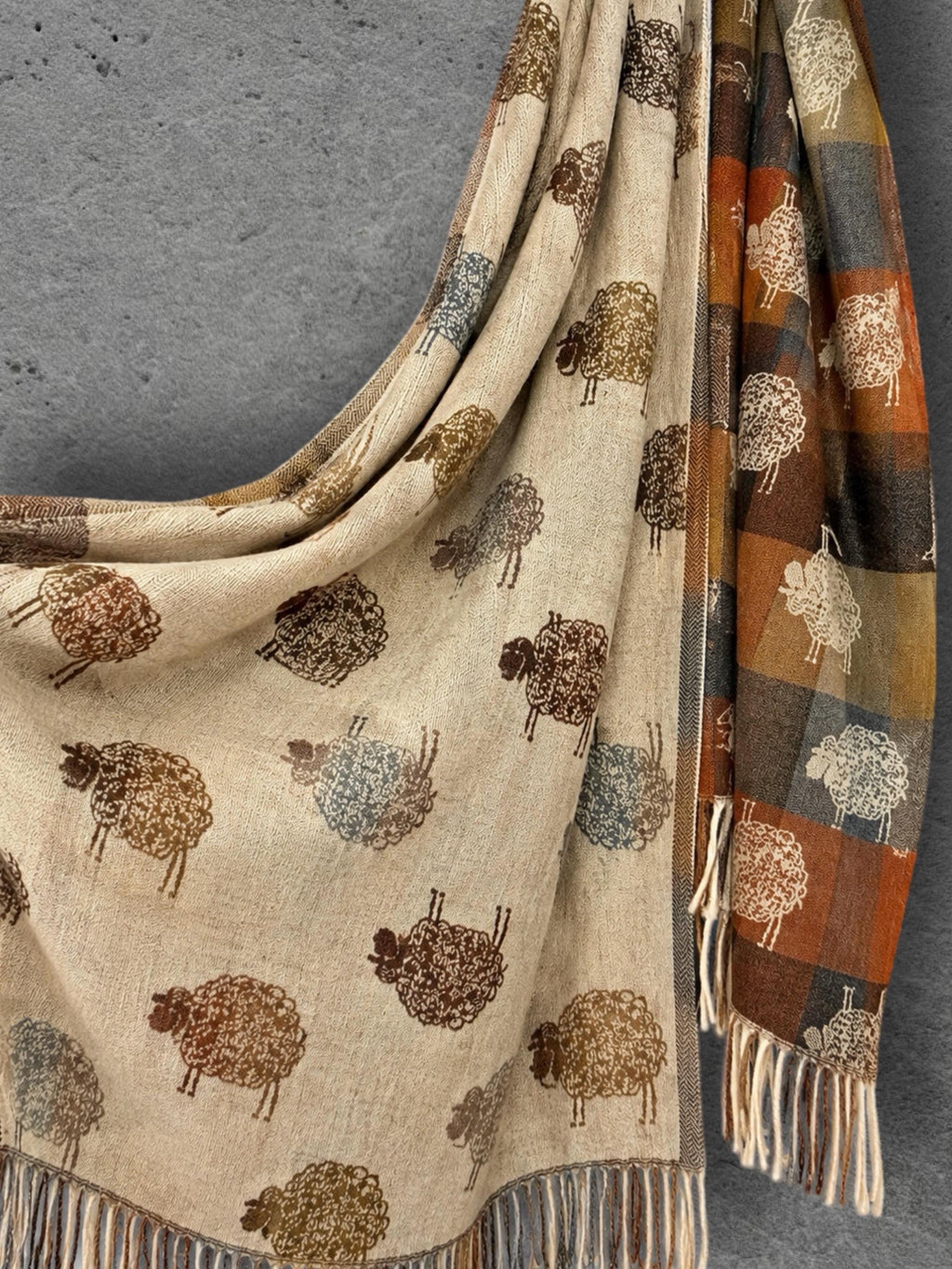 Cream Sheep Reversible Winter Scarf, Rustic Farm Animal Print, Checked Warm Wrap, Soft Autumn Accessory, Cosy Gift for Her