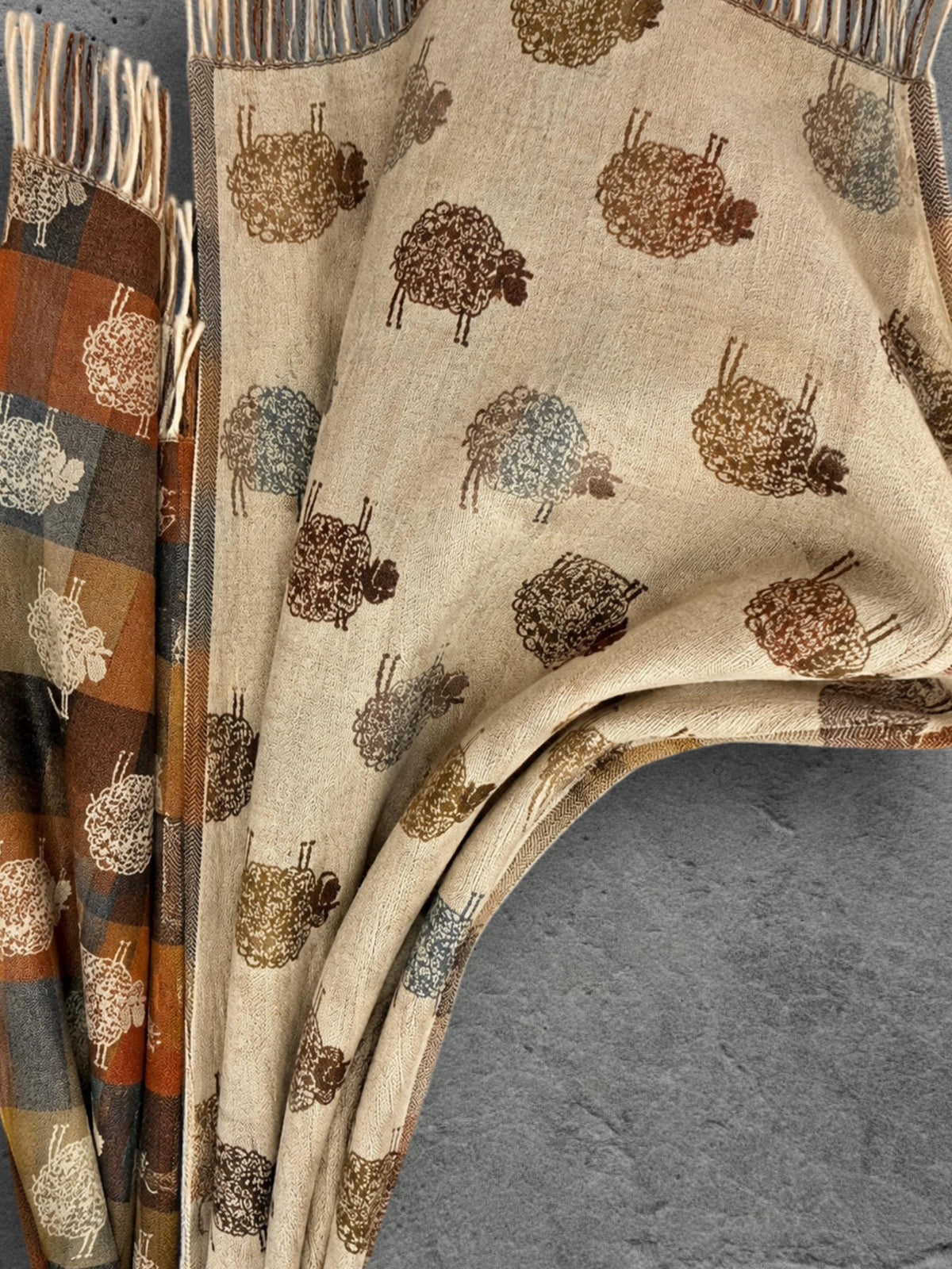 Cream Sheep Reversible Winter Scarf, Rustic Farm Animal Print, Checked Warm Wrap, Soft Autumn Accessory, Cosy Gift for Her