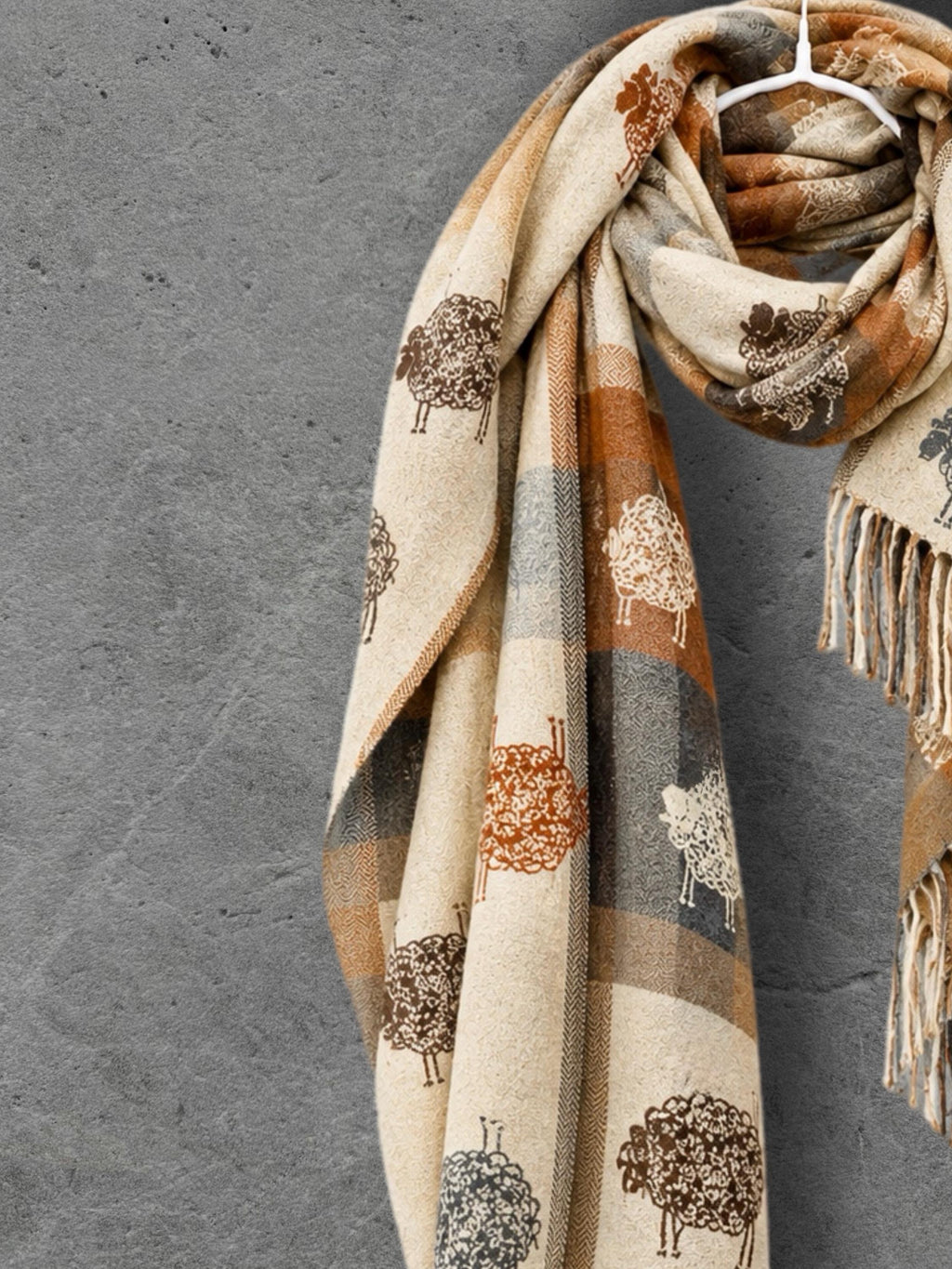 Cream Sheep Reversible Winter Scarf, Rustic Farm Animal Print, Checked Warm Wrap, Soft Autumn Accessory, Cosy Gift for Her