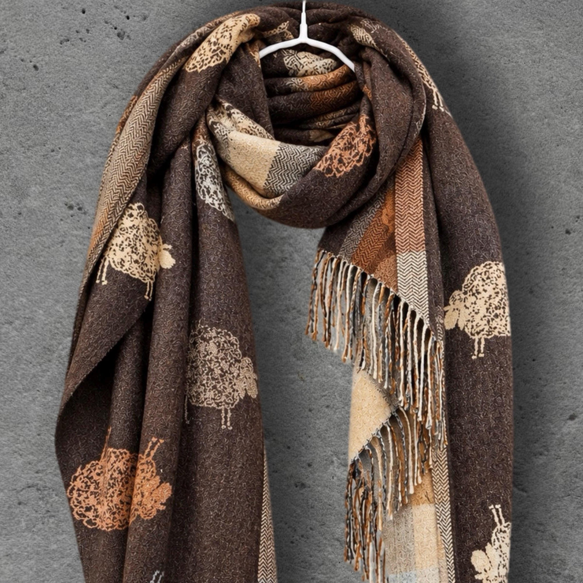 Brown Camel Checked Sheep Scarf, Reversible Winter Wrap, Country Animal Design, Neutral Warm Accessory, Ideal Gifts for Her