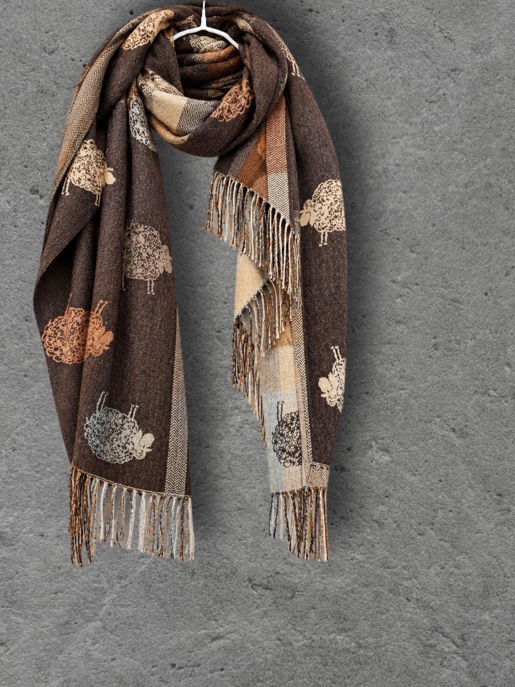 Brown Camel Checked Sheep Scarf, Reversible Winter Wrap, Country Animal Design, Neutral Warm Accessory, Ideal Gifts for Her