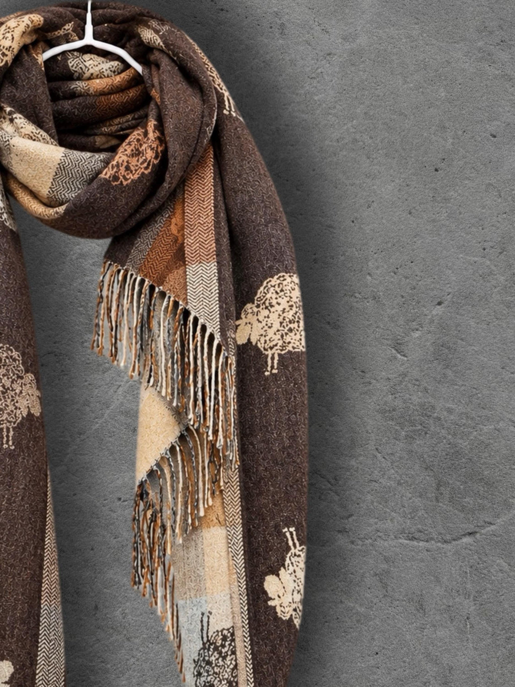 Brown Camel Checked Sheep Scarf, Reversible Winter Wrap, Country Animal Design, Neutral Warm Accessory, Ideal Gifts for Her