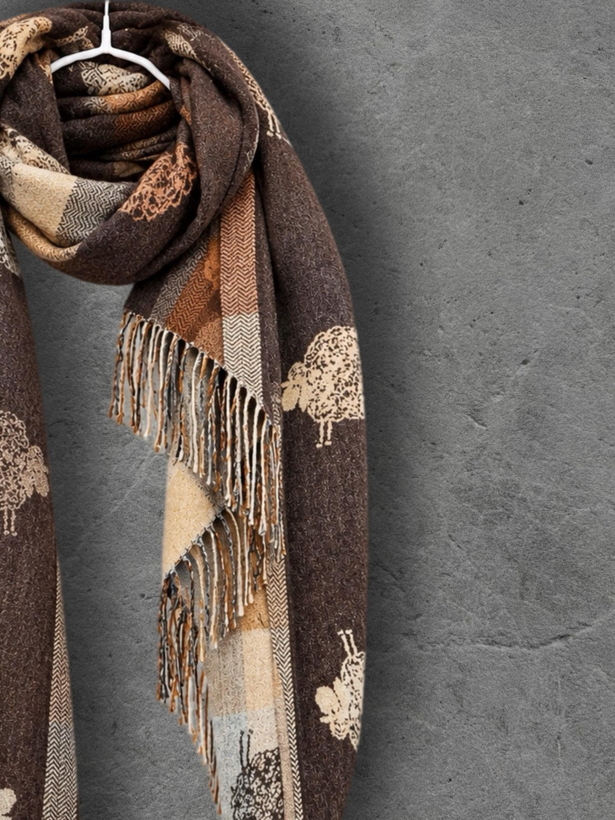 Brown Camel Checked Sheep Scarf, Reversible Winter Wrap, Country Animal Design, Neutral Warm Accessory, Ideal Gifts for Her
