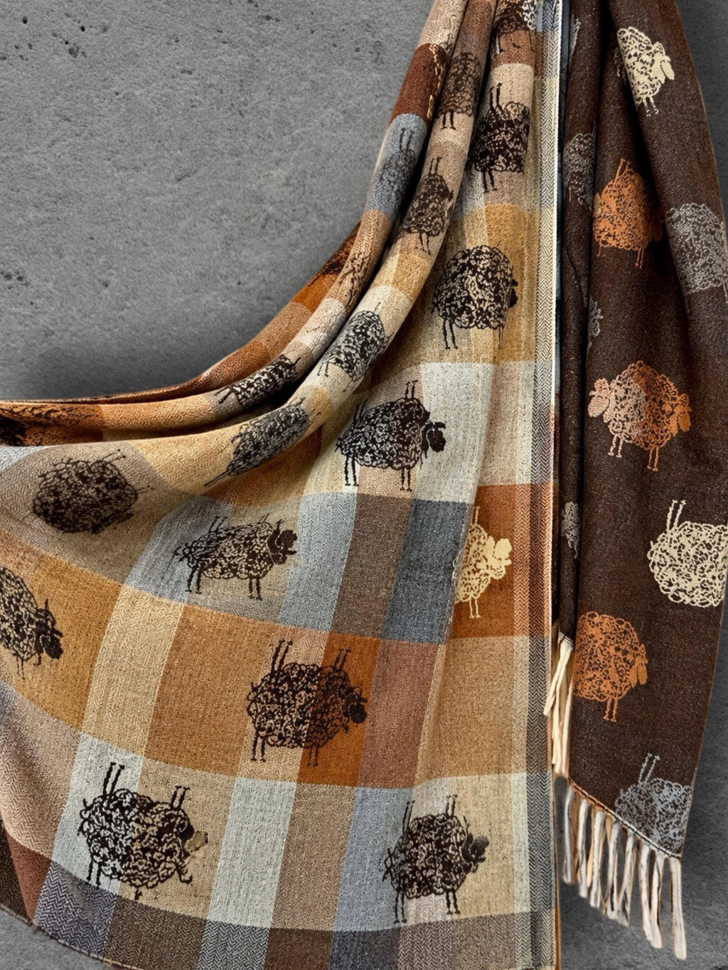 Brown Camel Checked Sheep Scarf, Reversible Winter Wrap, Country Animal Design, Neutral Warm Accessory, Ideal Gifts for Her
