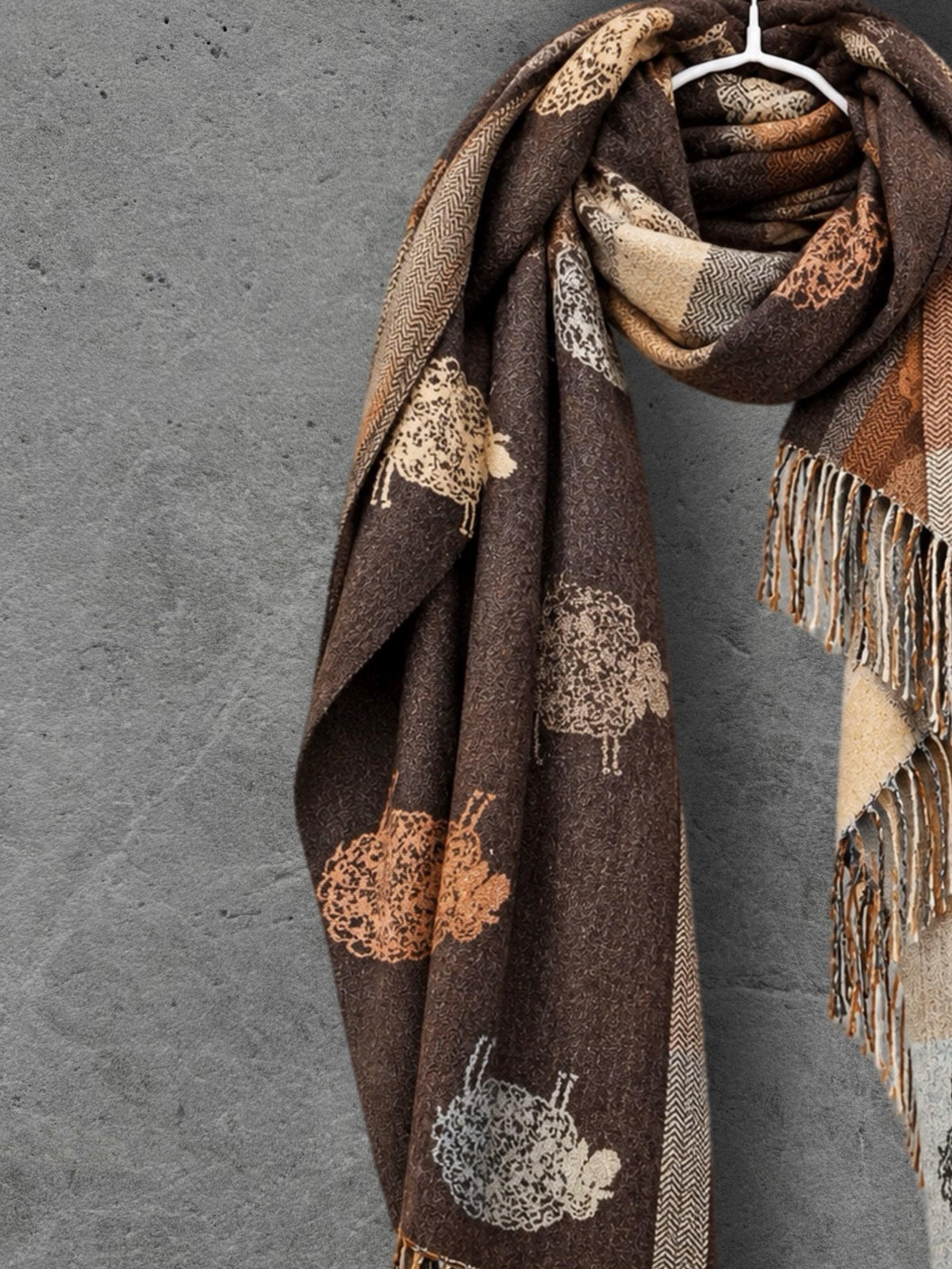 Brown Camel Checked Sheep Scarf, Reversible Winter Wrap, Country Animal Design, Neutral Warm Accessory, Ideal Gifts for Her