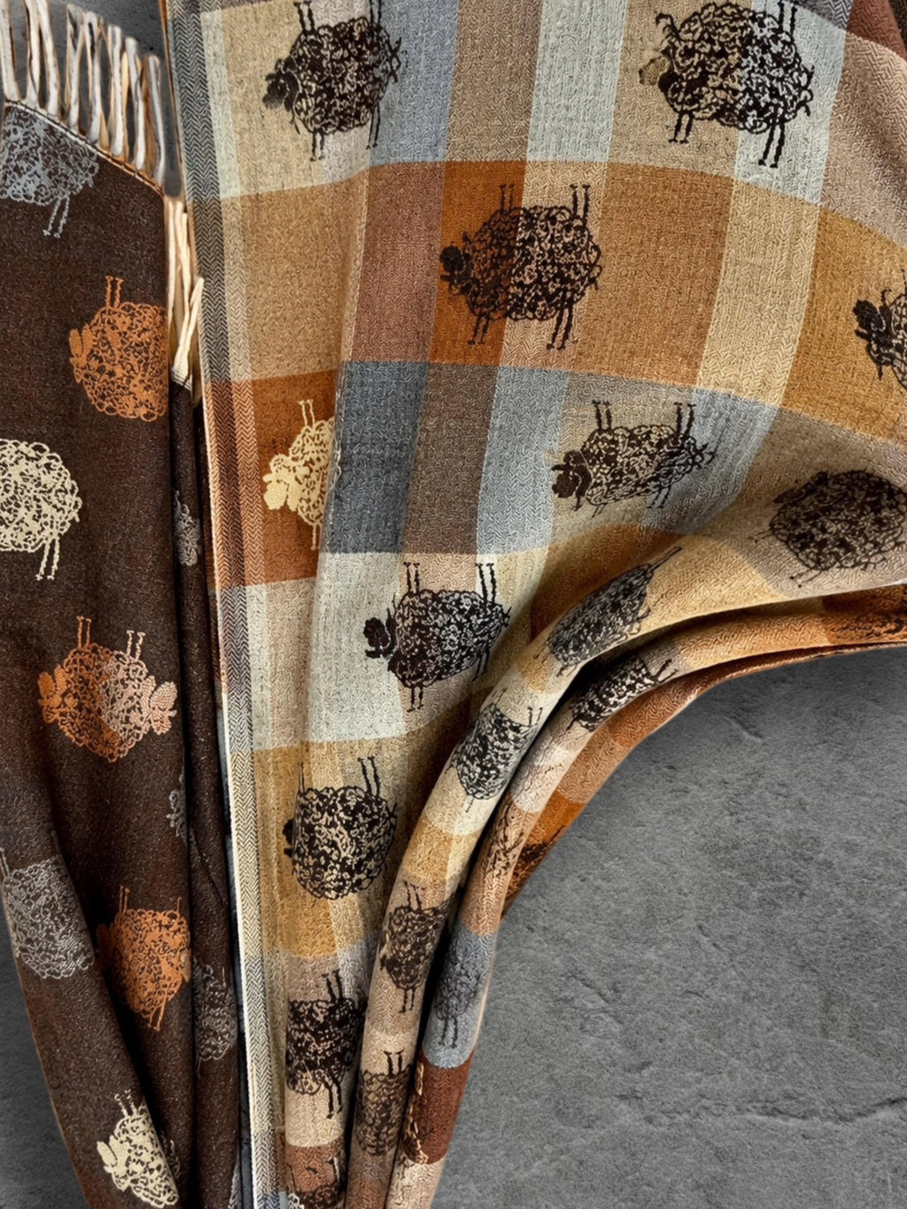 Brown Camel Checked Sheep Scarf, Reversible Winter Wrap, Country Animal Design, Neutral Warm Accessory, Ideal Gifts for Her