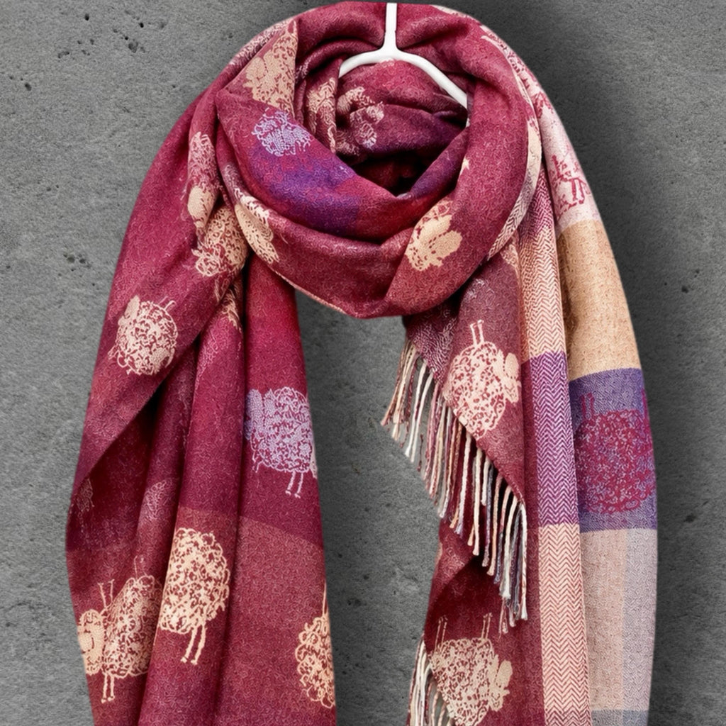 Double Sided Burgundy Sheep Reversible Winter Scarf, Berry Red Wrap for Women, Animal Lover Shawl, Cosy Gifts for Her