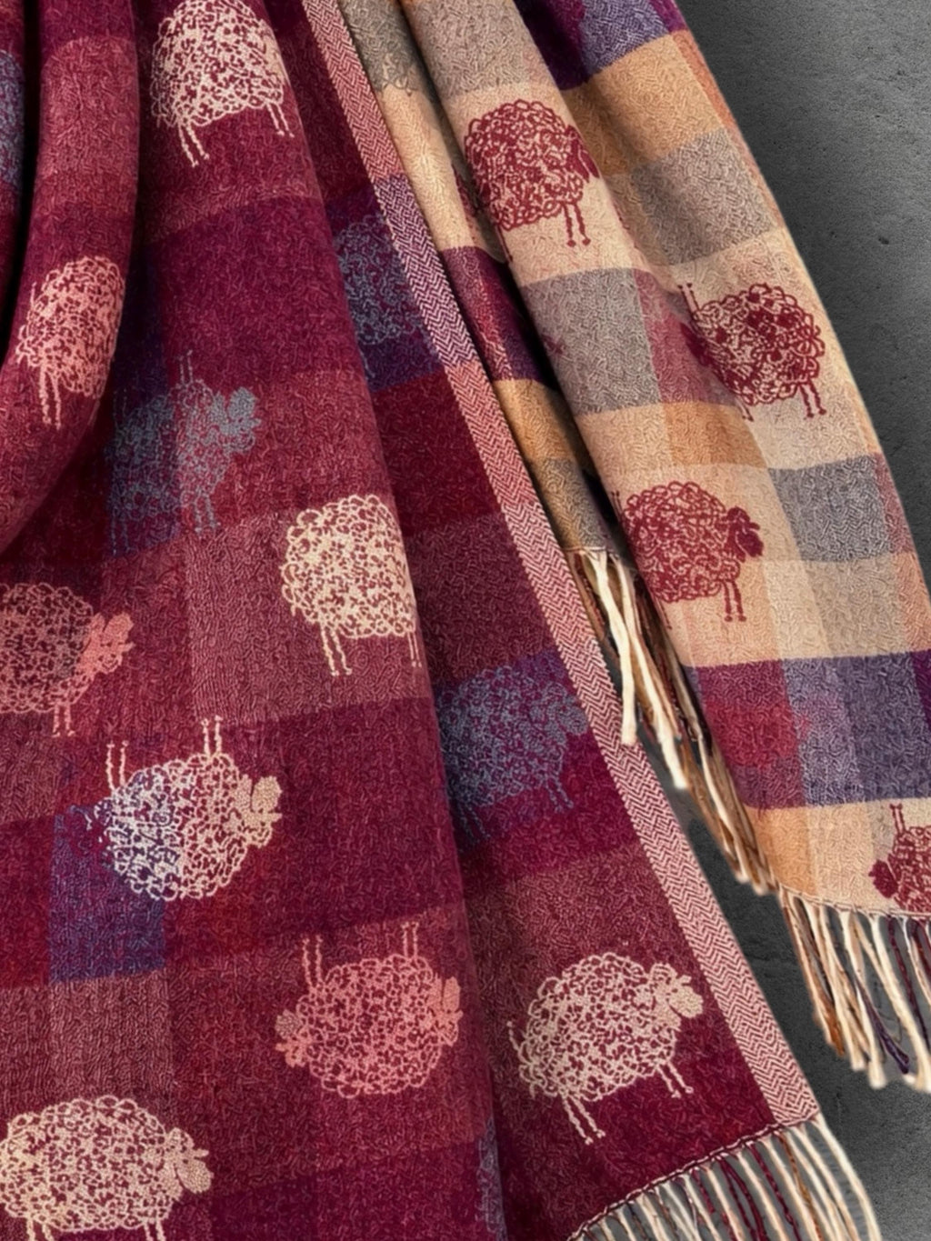 Double Sided Burgundy Sheep Reversible Winter Scarf, Berry Red Wrap for Women, Animal Lover Shawl, Cosy Gifts for Her
