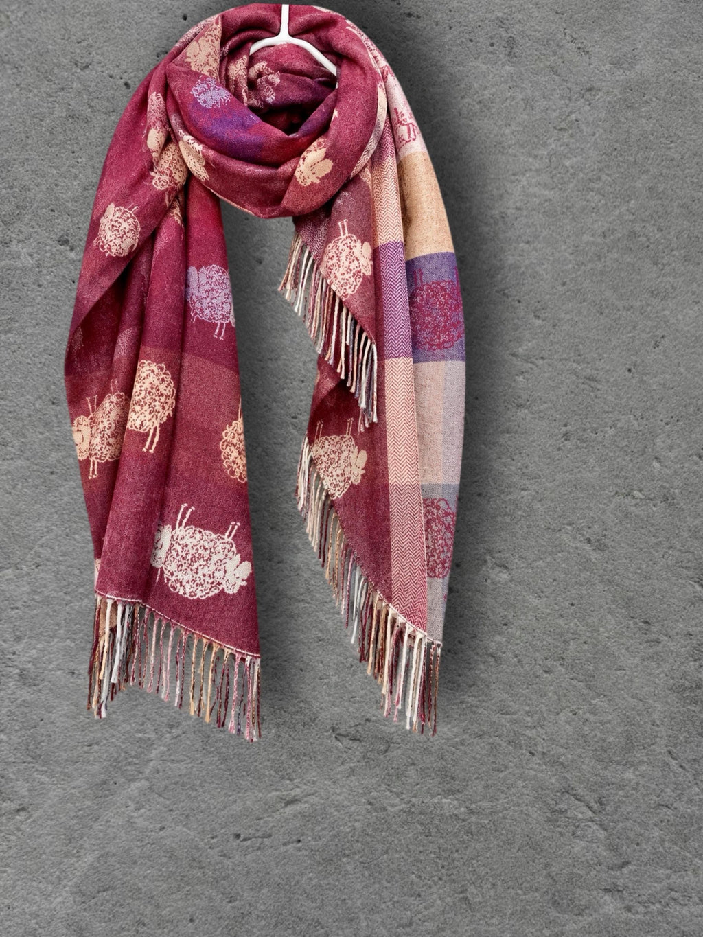 Double Sided Burgundy Sheep Reversible Winter Scarf, Berry Red Wrap for Women, Animal Lover Shawl, Cosy Gifts for Her