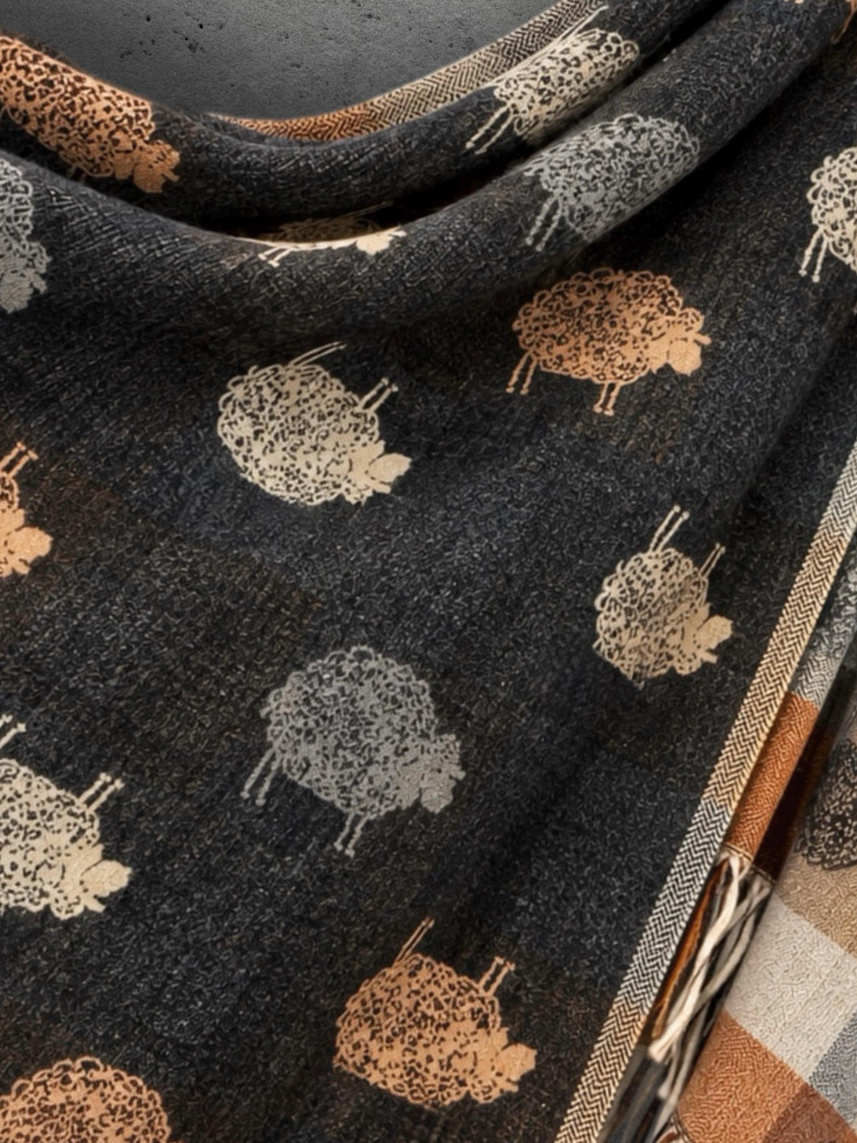 Black Charcoal Sheep Winter Scarf, Reversible Checked Wrap, Cute Farm Animal Pattern, Warm Neutral Accessory, Cosy Seasonal Gift