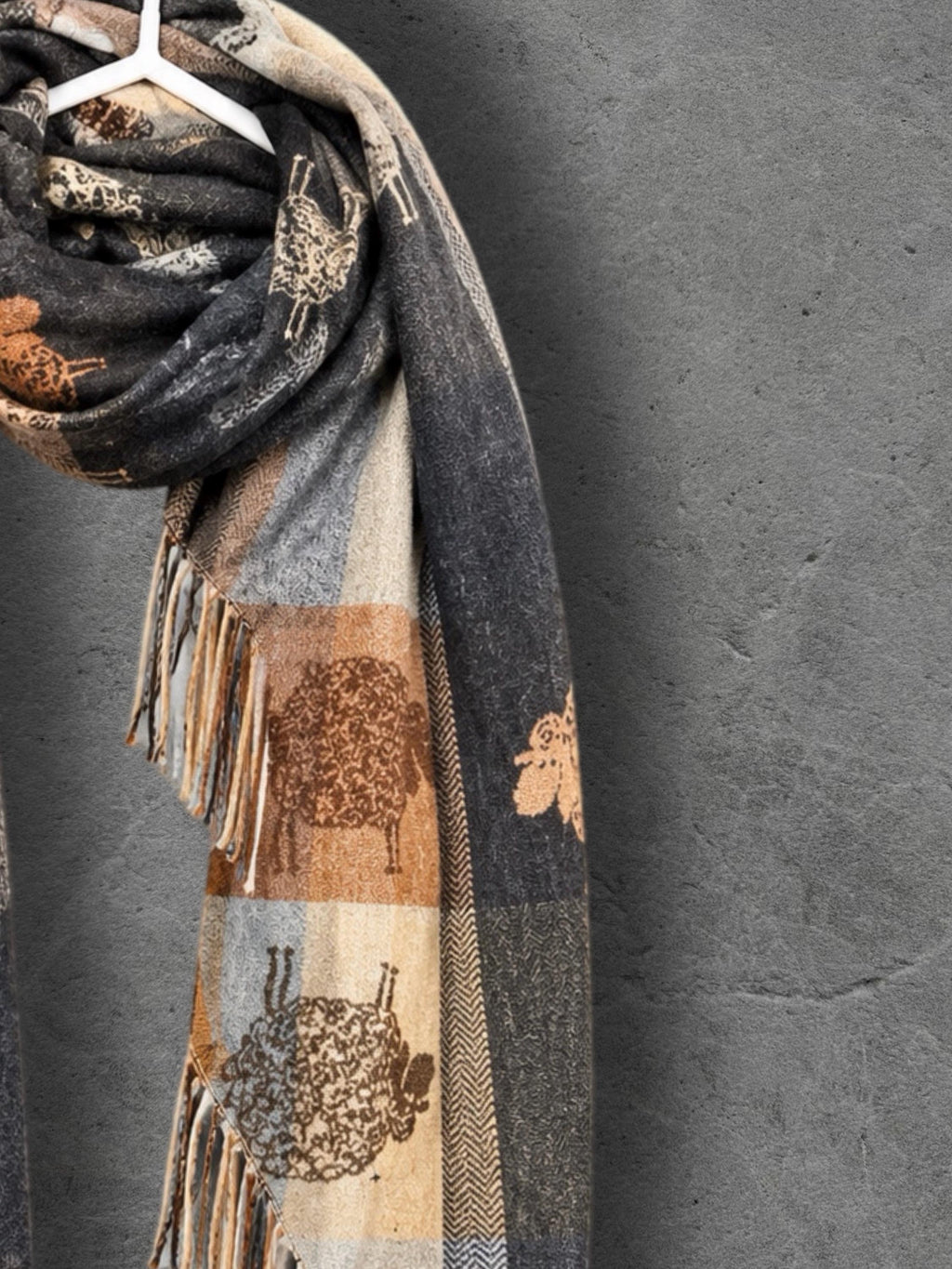 Black Charcoal Sheep Winter Scarf, Reversible Checked Wrap, Cute Farm Animal Pattern, Warm Neutral Accessory, Cosy Seasonal Gift