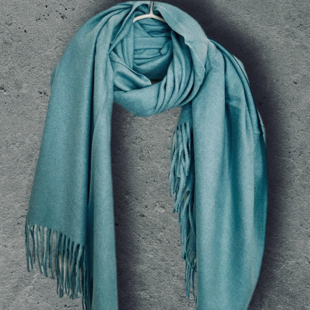 Teal Blue Winter Scarf, Ultra Soft Plain Wrap, Unisex Fringed Shawl, Warm Gifts for Him Her