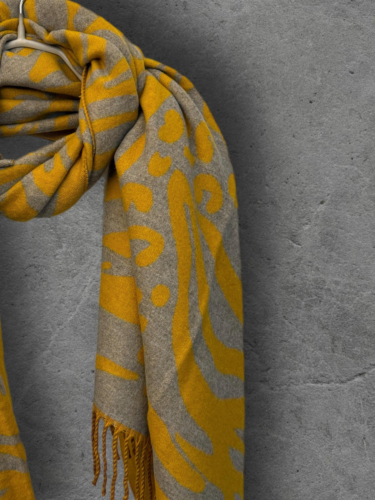 Mustard Yellow Winter Scarf, Grey Abstract Animal Print, Reversible Soft Warm Shawl, Cosy Neck Wrap, Statement Gift for Her