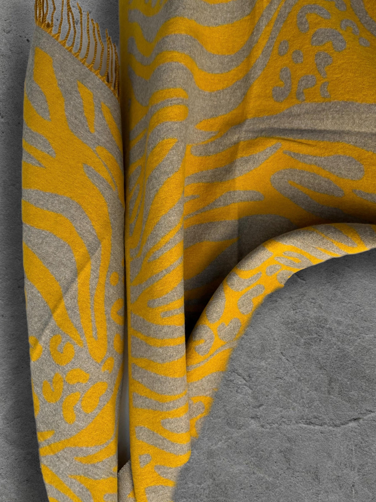 Mustard Yellow Winter Scarf, Grey Abstract Animal Print, Reversible Soft Warm Shawl, Cosy Neck Wrap, Statement Gift for Her