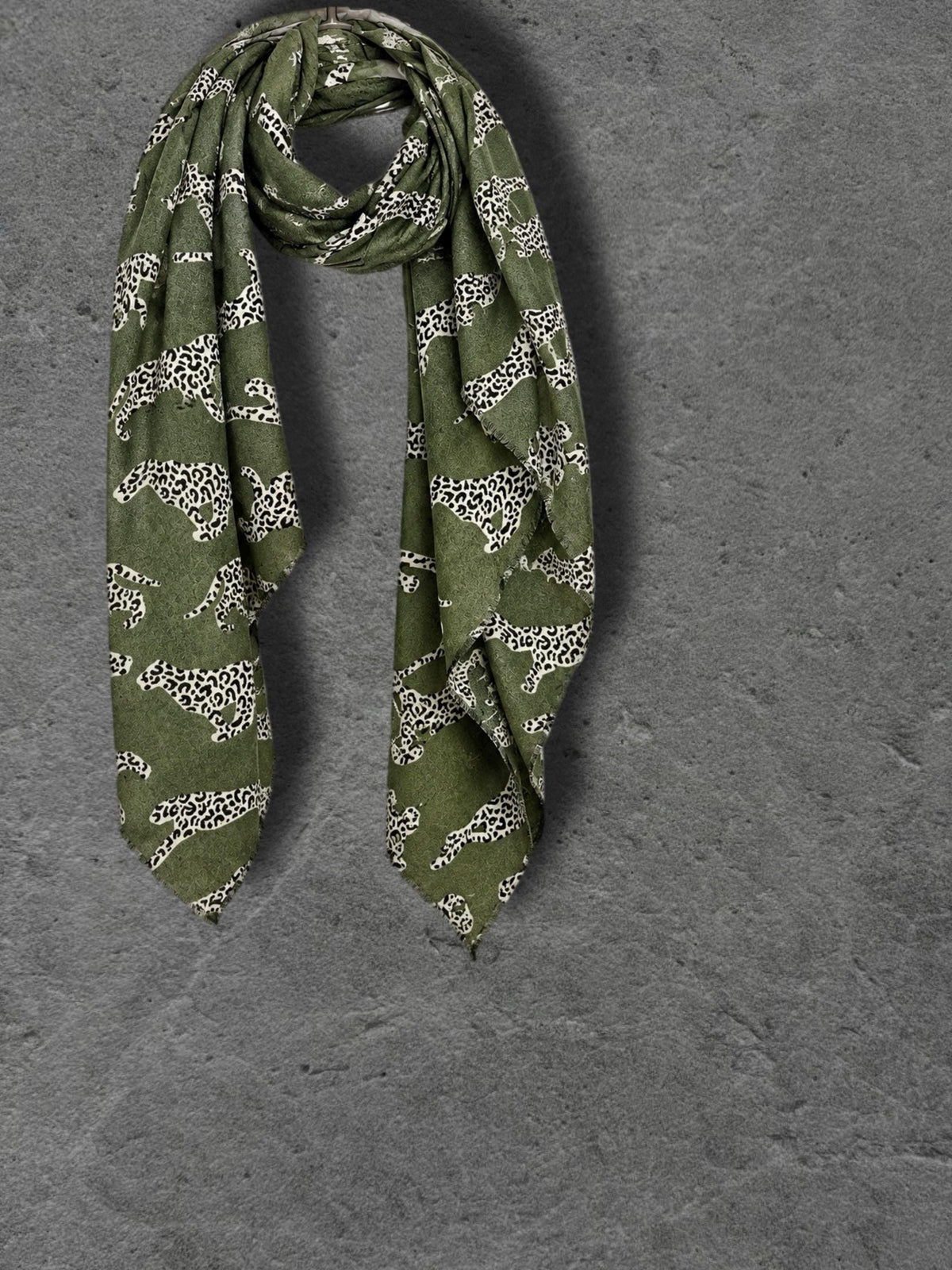 Olive Green Leopard Print Scarf, Lightweight Autumn Wrap, Animal Motif Shawl for Women, Thoughtful Gifts for Her