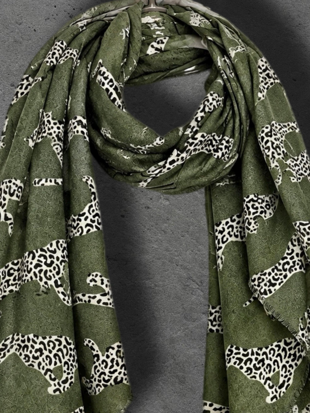 Olive Green Leopard Print Scarf, Lightweight Autumn Wrap, Animal Motif Shawl for Women, Thoughtful Gifts for Her