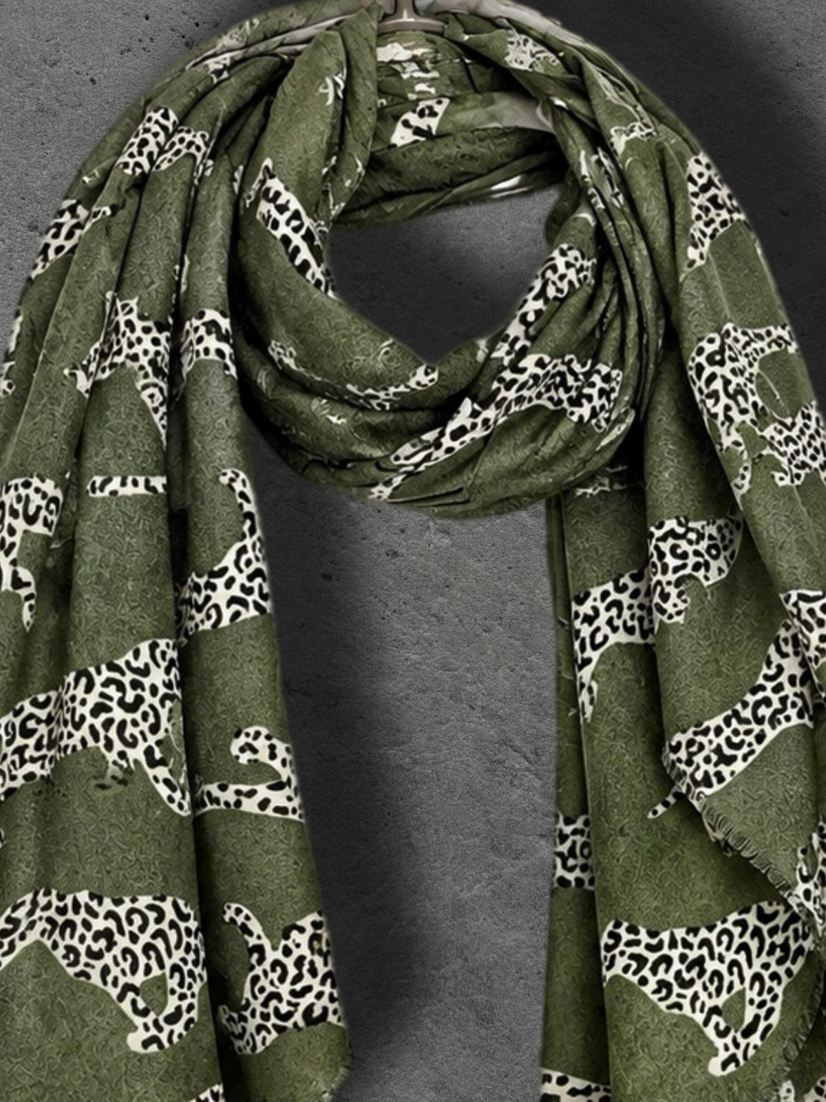 Olive Green Leopard Print Scarf, Lightweight Autumn Wrap, Animal Motif Shawl for Women, Thoughtful Gifts for Her