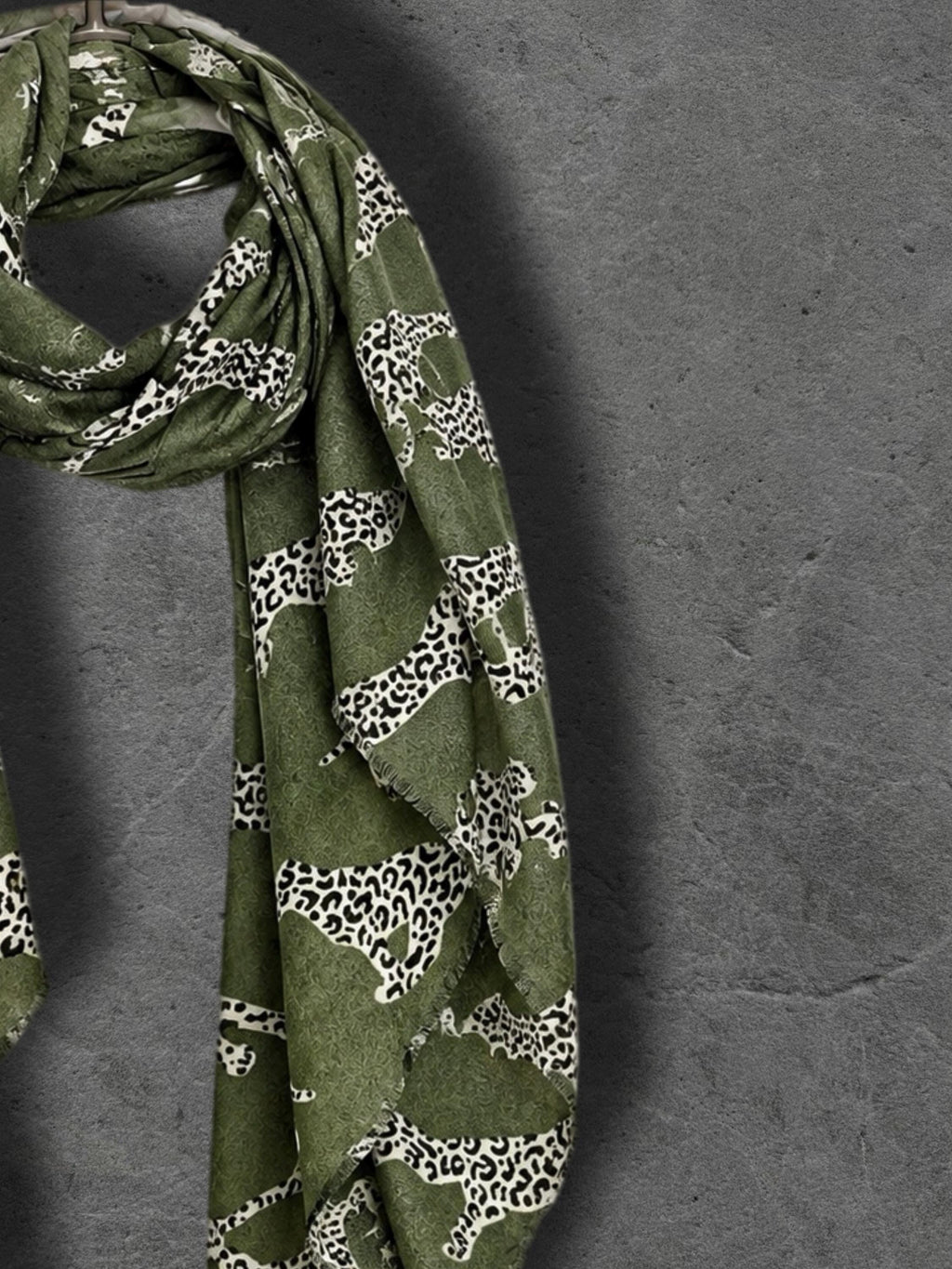 Olive Green Leopard Print Scarf, Lightweight Autumn Wrap, Animal Motif Shawl for Women, Thoughtful Gifts for Her