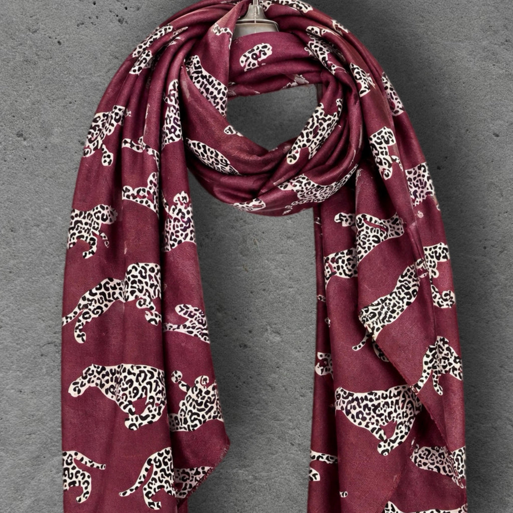 Burgundy Leopard Print Scarf, Lightweight Autumn Shawl, Wine Red Animal Motif Wrap, Ideal Gifts for Her